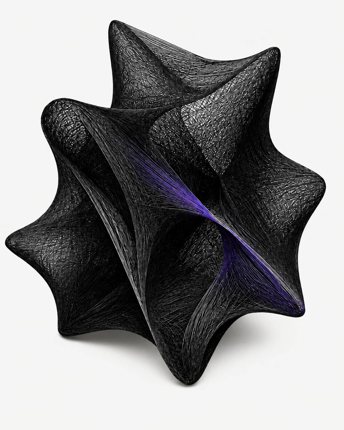 A continuous folded form made of fine charcoal threads, with a violet strand running through it. An editorial illustration of context and connection.
